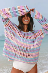 Purple Striped Hollow Knit Summer Beach Cover Up - Femstylo