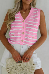 Sky Blue Striped V Neck Button Knit Vest