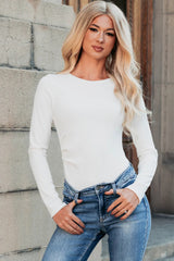 White Ribbed Long Sleeve Crew Neck Solid Color Bodysuit