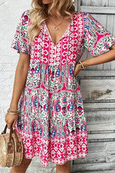 Pink Bohemian Tie Neck Flounce Sleeve Ruffle Hem Mini Dress - Femstylo