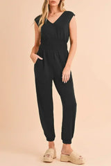 Black Shirred High Waist V Neck Sleeveless Jumpsuit - Femstylo