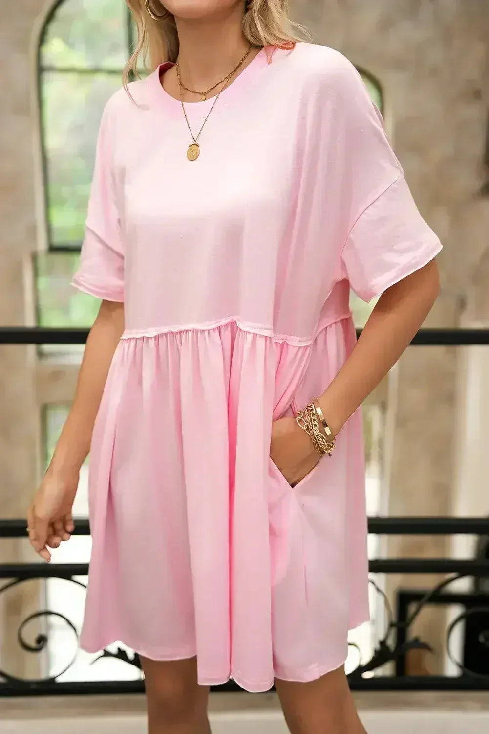 Sky Blue Solid Color Pocket Raw Edge Babydoll Dress - Femstylo