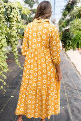 Yellow Flower Print Bracelet Sleeve Buttons Collared Maxi Dress - Femstylo
