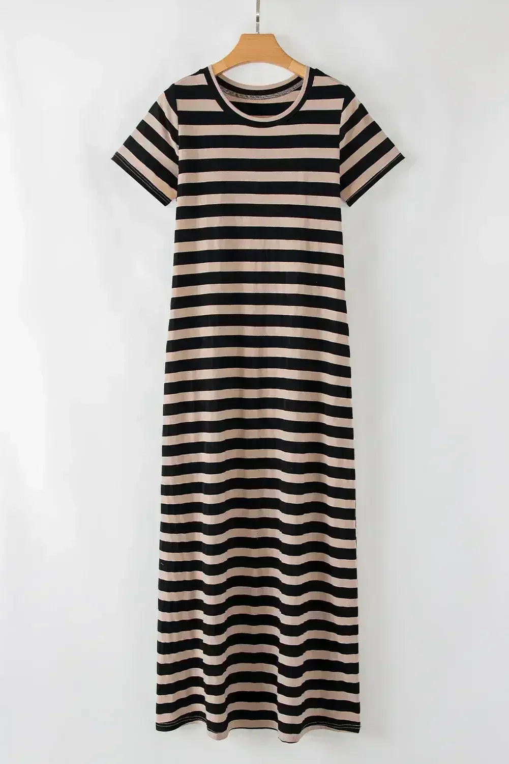 Black Striped Side Pockets T-shirt Maxi Dress - Femstylo