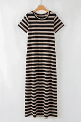 Black Striped Side Pockets T-shirt Maxi Dress - Femstylo