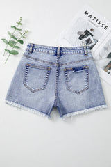 Beau Blue Pearl Studded Pocket Raw Hem Denim Shorts