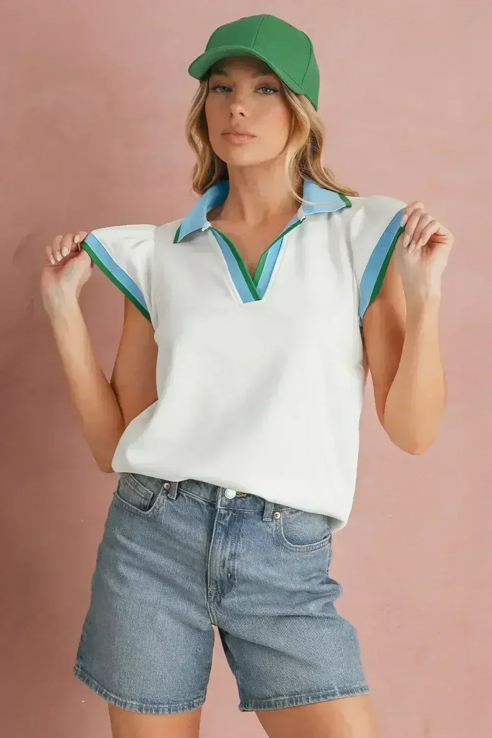 Beau Blue Color Collared V Neck Ruffle Sleeve Blouse | Femstylo - Femstylo