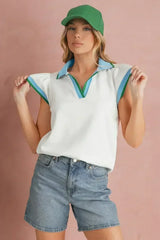 Beau Blue Color Collared V Neck Ruffle Sleeve Blouse | Femstylo - Femstylo