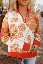 Khaki Ribbed Detail Floral Pattern Zip Collar Pullover Sweater