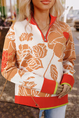 Khaki Ribbed Detail Floral Pattern Zip Collar Pullover Sweater