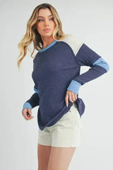 Aemi + Co Raw Seam Color Block Round Neck Knit Top - Femstylo