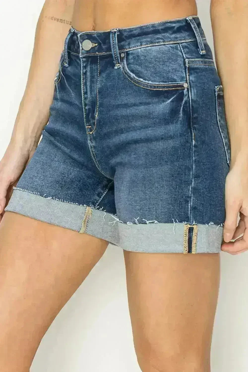 RISEN High Rise Cuffed Denim Shorts - Femstylo