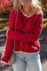 Racing Red Contrast Edge Twist Cable Knit Buttoned Cardigan