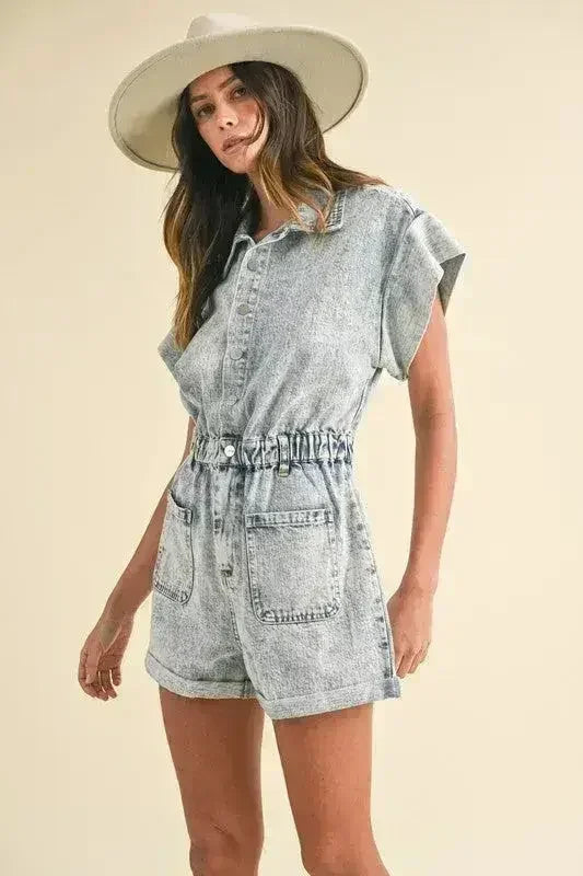 Annie Wear Elastic Waistband Short Sleeve Denim Romper - Femstylo