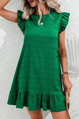 Dark Blue Textured Flutter Sleeve Ruffle Mini Dress - Femstylo