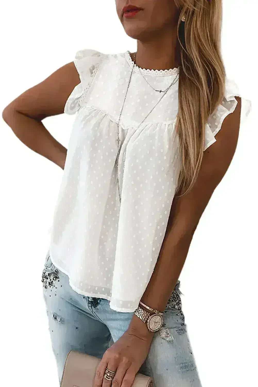 Polka Dot Lace Ruffled Tank Top - Femstylo