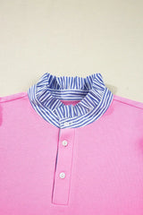 Pink Striped Collar Long Sleeve Ruffle Hem Dress