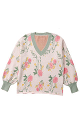 Pink Floral Striped Colorblock V Neck Loose Sweater