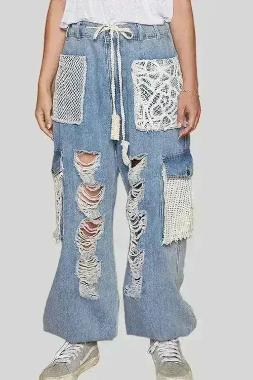 POL Crochet Patch Distressed Washed Jeans - Femstylo