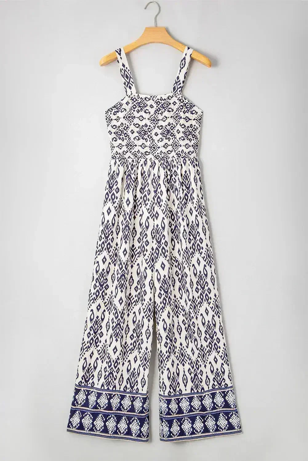 Blue Boho Geometric Print Smocked High Waist Wide Leg Jumpsuit - Femstylo