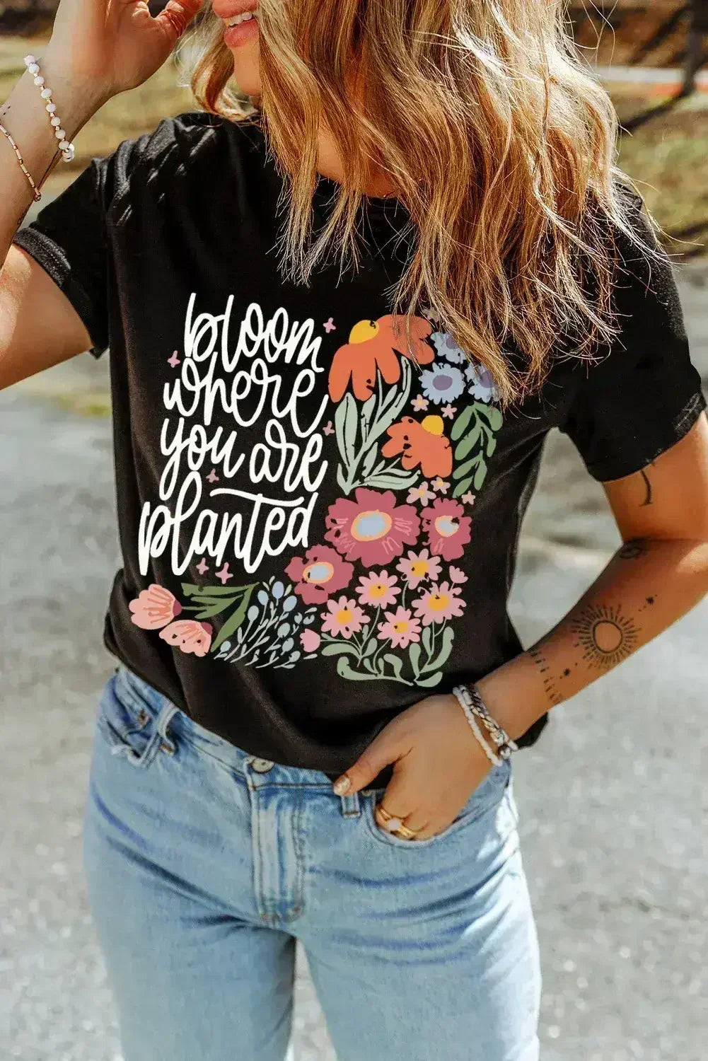 Black bloom where you are planted Floral Printed T Shirt - Femstylo