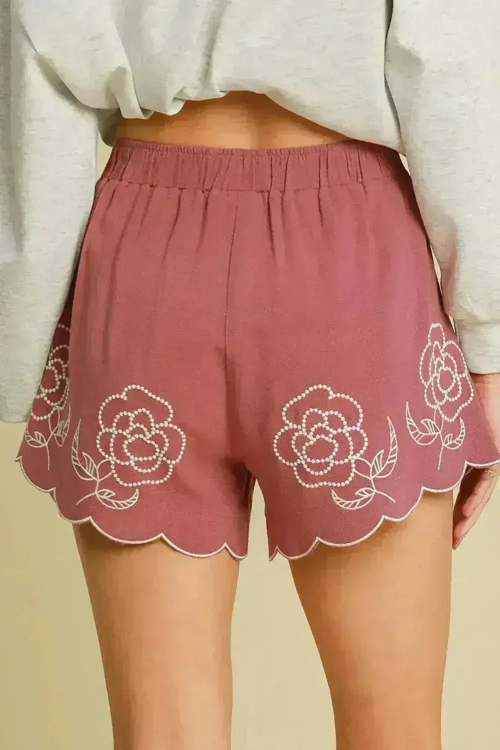 Umgee Full Size Linen Blend Shorts with Floral Embroidered Details - Femstylo