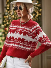 Perfee Geometric Round Neck Long Sleeve Sweater - Femstylo