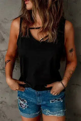 Black Strappy Hollow-out Neck Tank Top - Femstylo