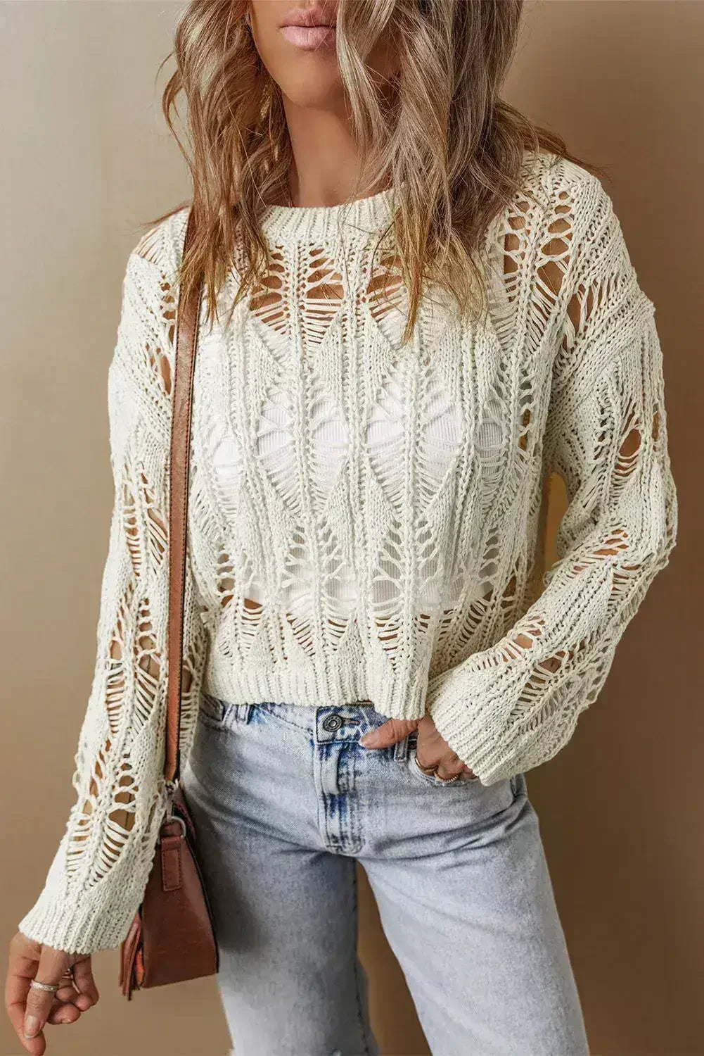 White Crochet Crew Neck Sweater - Loose Fit & High Elasticity | Femstylo - Femstylo