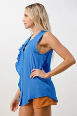 Sleeveless Button-Up Ruffle Blouse - Femstylo