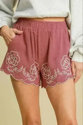 Umgee Full Size Linen Blend Shorts with Floral Embroidered Details - Femstylo