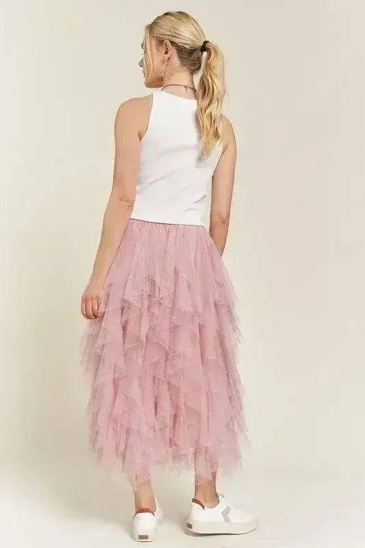 LAYERED POLKA DOT MESH LINED A-LINE MIDI SKIRT - Femstylo