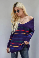 Blue Striped Loose Knit Sweater - Femstylo