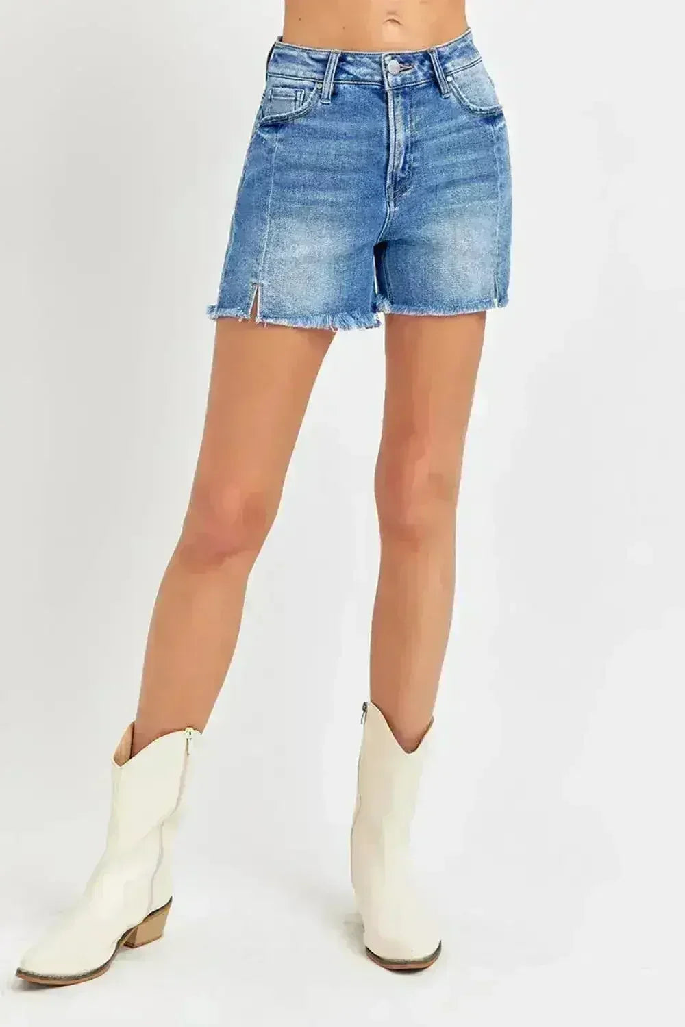 RISEN Front Slit Raw Hem Denim Shorts - Femstylo