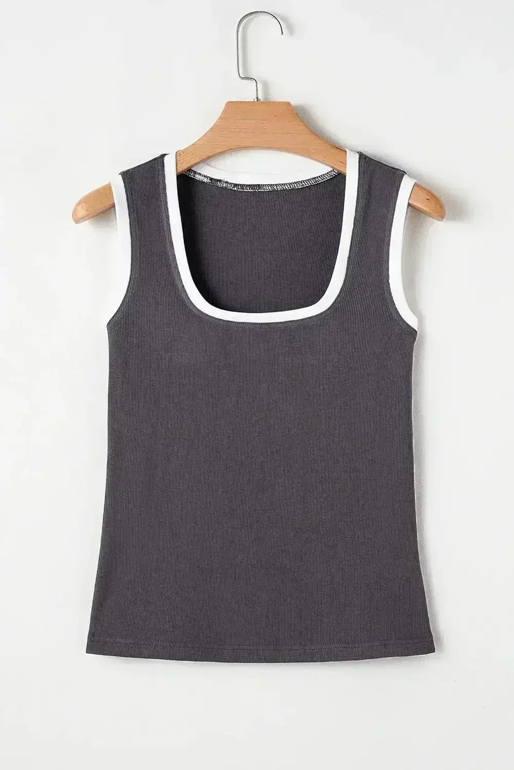 Smoke Gray Ribbed Knit Contrast Edge U Neck Slim Fit Tank Top - Femstylo
