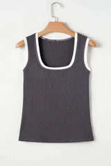Smoke Gray Ribbed Knit Contrast Edge U Neck Slim Fit Tank Top - Femstylo