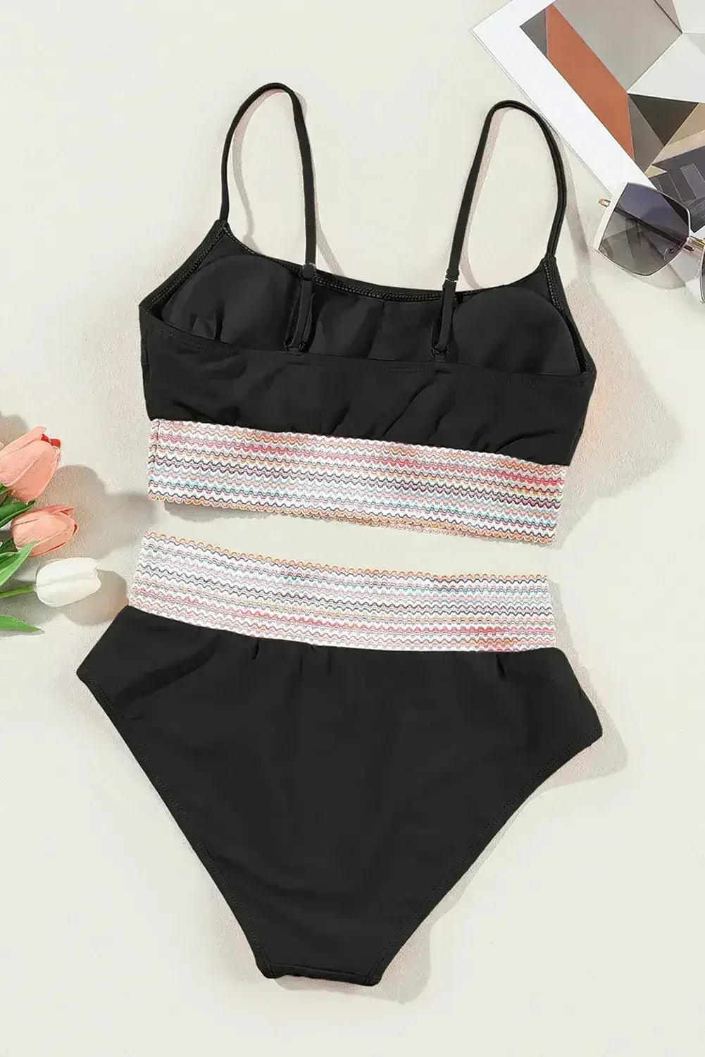 Rose Striped Patchwork Spaghetti Strap High Waist Bikini Set - Femstylo