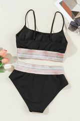 Rose Striped Patchwork Spaghetti Strap High Waist Bikini Set - Femstylo