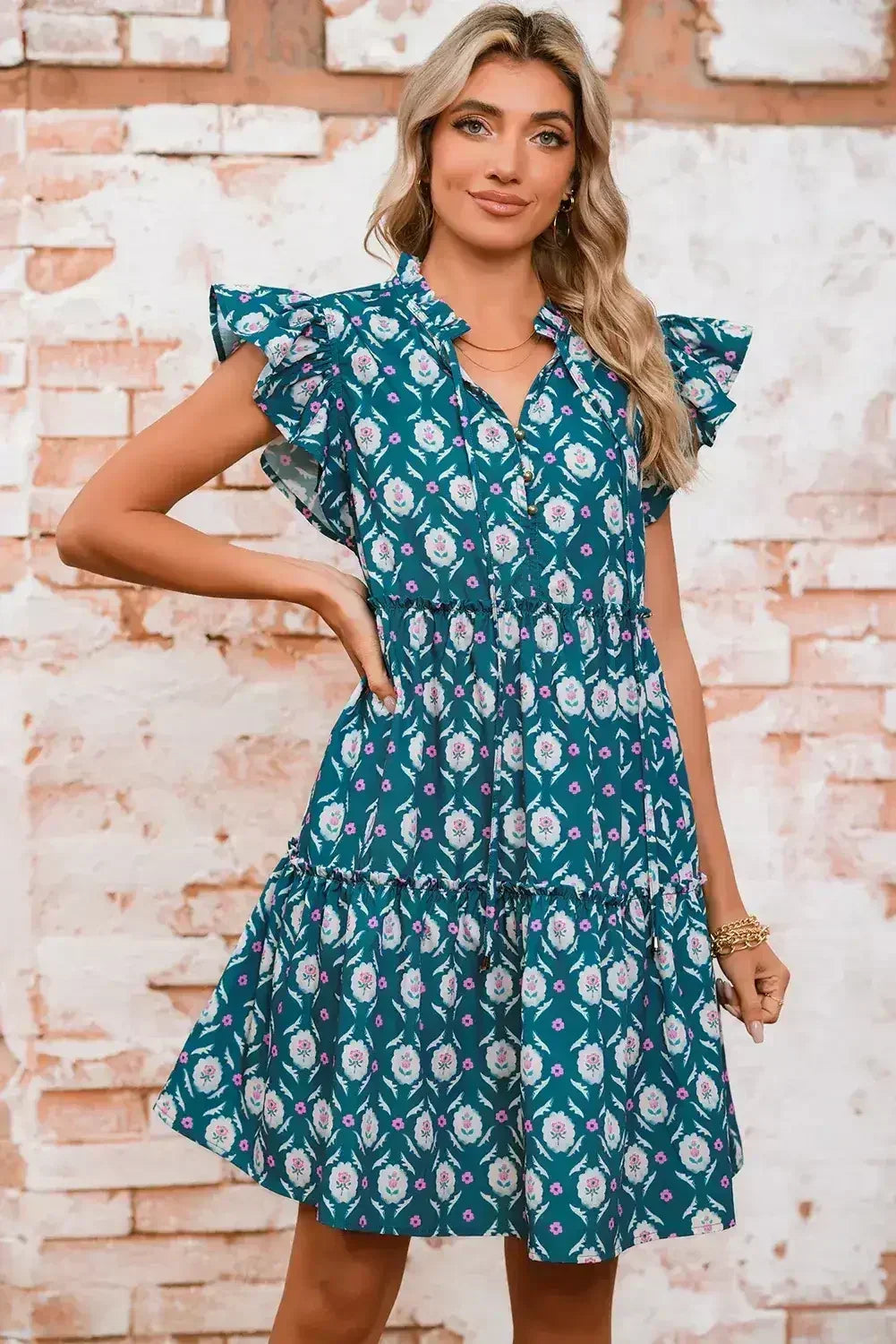 Blue Retro Floral Print Split Neck Ruffle Short Sleeve Dress - Femstylo