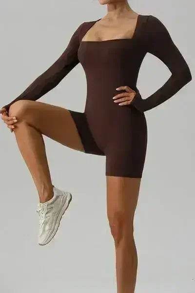 Square Neck Long Sleeve Active Romper - Femstylo