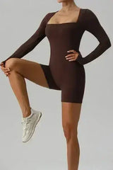 Square Neck Long Sleeve Active Romper - Femstylo