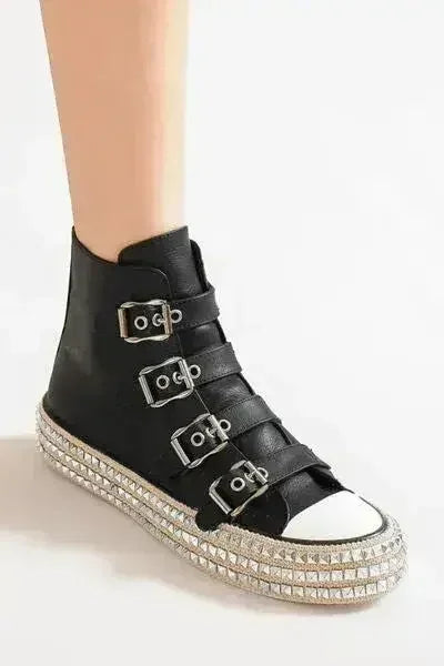 Beast Fashion Multi-Buckle Straps Studded Platform Sneakers - Femstylo
