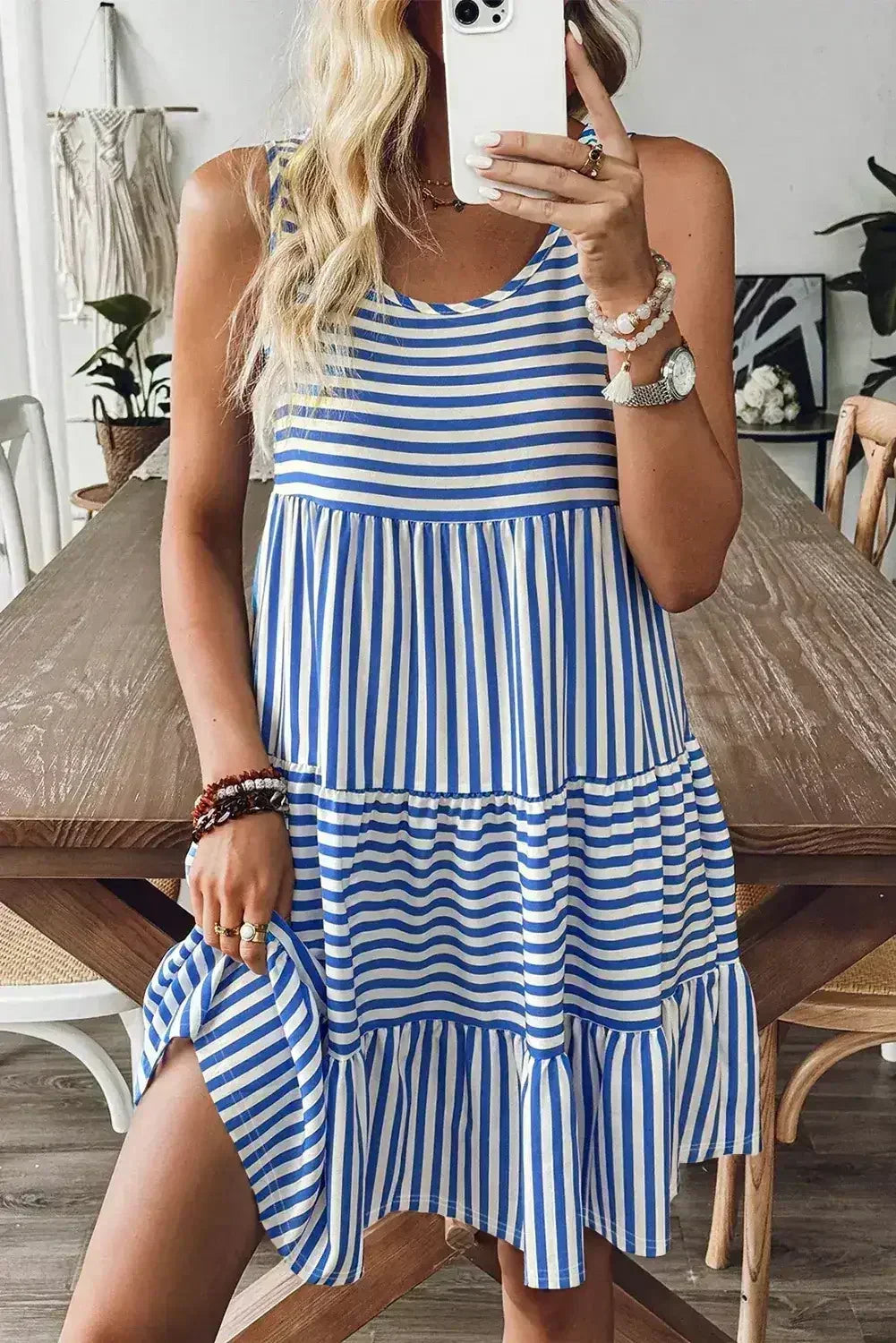 Black Stripe U Neck Sleeveless Loose Fit Mini Dress - Femstylo