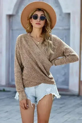 Fashion Khaki Deep V-neck Long Sleeve Knit Sweater - Femstylo