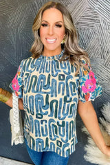 Beige Embroidered Puff Sleeve Frilled Neck Printed Top | Femstylo - Femstylo