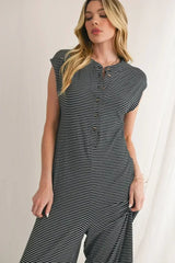 Black White Striped Button Sleeveless Jumpsuit - Femstylo