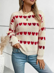 Heart Round Neck Dropped Shoulder Sweater - Femstylo