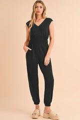 Black Shirred High Waist V Neck Sleeveless Jumpsuit - Femstylo