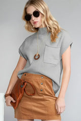 Mineral Red Patch Pocket Ribbed Knit Short Sleeve Sweater - Femstylo