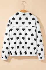 White Zipper Heart Print Collared Jacket